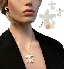 Halloween Jewelry Set Witch Pumpkin Ghost Pendant Necklace 20" Pierced Earrings