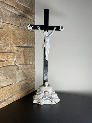 Antique French Jesus Vieux Paris porcelain wood cross crucifix religious Angel⭐ - Picture 2 of 10