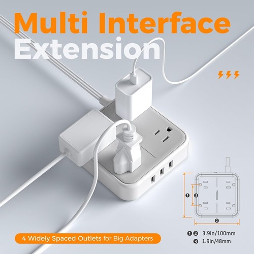 Cavo di prolunga Flat Plug 5 piedi con 4 prese AC e 3 porte USB per casa e ufficio - Foto 6 di 9