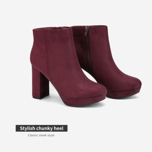 Women High Chunky Heel Ankle Boots Round Toe Side Zipper Fashion Winter Booties - Picture 13 of 26