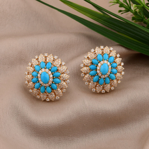 8.54 Tcw Natural SI/H Diamond Arizona Turquoise Stud Earrings 18k Yellow Gold - Picture 5 of 11