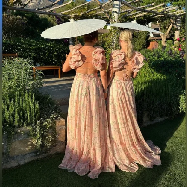 Mac Duggal RUFFLE TIERED FLORAL CUT-OUT CHIFFON GOWN peach