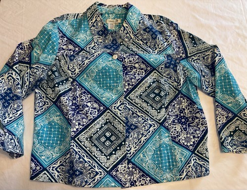 NEU Coldwater Creek Jacke Damen 2X blau & weiß Knopf geometrischer Druck Neu ohne Etikett