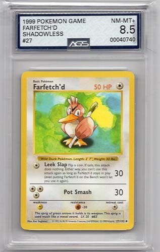 FARFETCH'D SHADOWLESS #27 POKEMON BASE SET: AGS #00040740 GRADED NM-MT+ 8.5 1999 - Picture 1 of 2