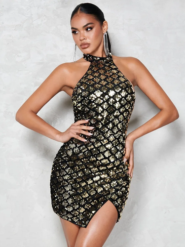 Neckholder-Kleid Damen schwarz und gold Bae geteilter Saum Pailletten - Bild 2 von 4