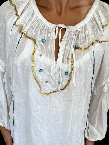 PEP'S Cannes France weißes Langarm verziertes Tunika Kleid Strand Coverup 2 L - Bild 8 von 12