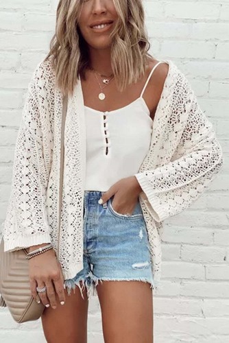 Cárdigan blanco elegante tejido hueco hombro caído - Imagen 4 de 10