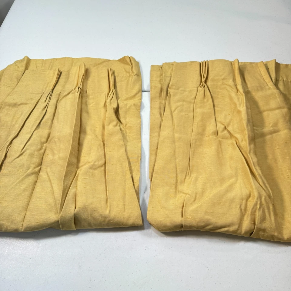 vintage pinch pleat drapes curtain panel pair gold solid color mcm retro boho - Image 2 of 4