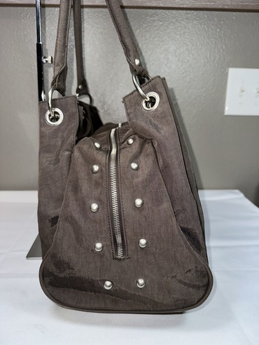 BAGGALLINI Brown NYLON TURN LOCK CLOSURE Studs Shoulder Bag Tote Trolley Strap - Picture 3 of 12