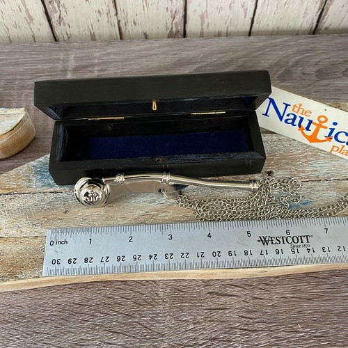 Brass Bosun Call Pipe w Chain & Wood Box - Silver Boatswain Whistle Necklace - Picture 7 of 9