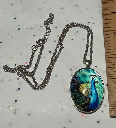 Colorful Peacock Silver Plated Pendant w 22" chain * 1.8x1.3 - Picture 3 of 8