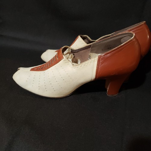 Women's Vintage Florsheim shoes @ 1940 size 7AA peep toe, two tone brown/cream - Picture 7 of 10