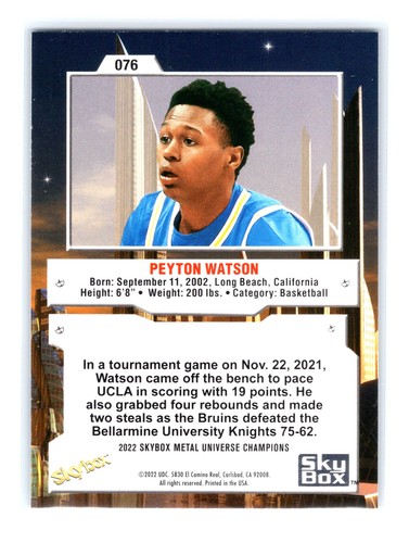 Peyton Watson 2022 SkyBox Metal Universe Champions Basketball #076 Nuggets - Picture 2 of 2
