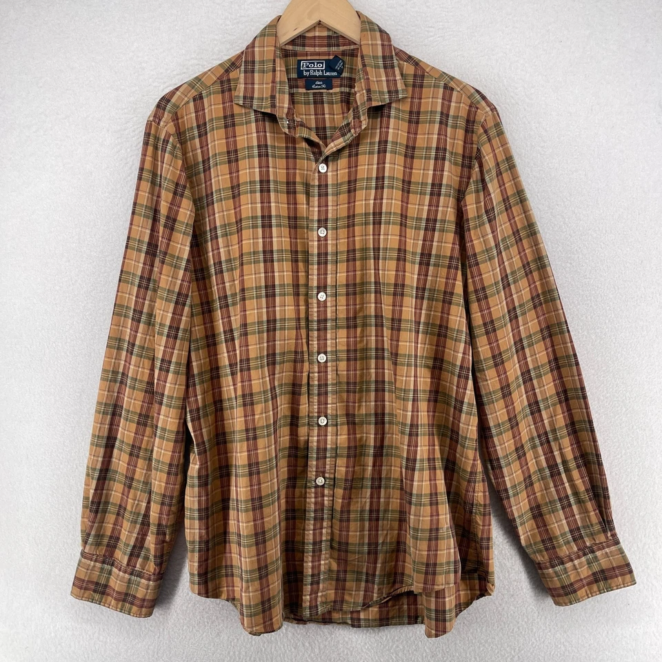 Camisa Polo Ralph Lauren Para Hombres 16.5 L Vestido Estate Ajuste Personalizado A Cuadros De Colección Marrón Foto 2 de 4