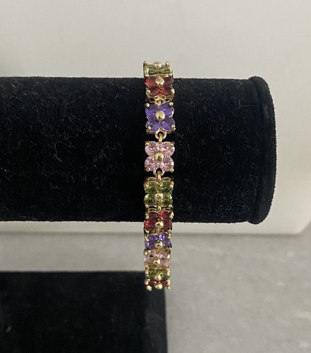 Beautiful Vintage Multicolored Crystal Flower Gold Tone Tennis Bracelet - Picture 2 of 8