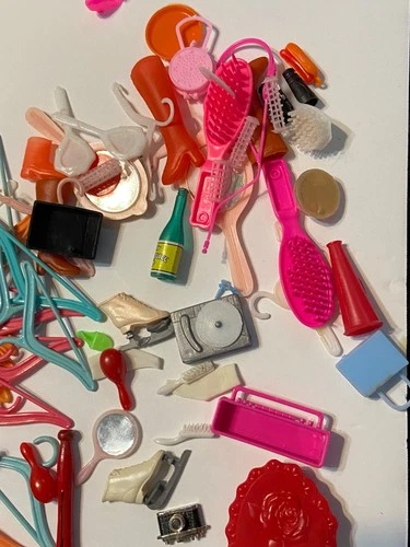 Vintage Barbie accessories lot 30+ pcs. Hangers purse brushes, shoes ++