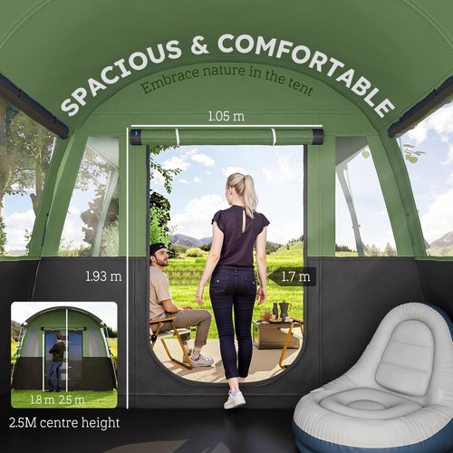 8-Person Camping Tent, Waterproof Family Tent, Tunnel Design, 4 Large W - Picture 5 of 12