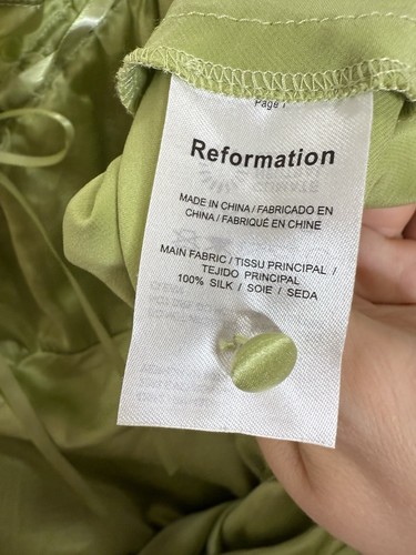 Abito slip Reformation verde medio 100% seta midi damigella con volant Cottagecore M - Foto 8 di 12