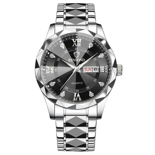 BINBOND Men's Luxury Business Diamond Stainless Steel Roman Analog Quartz Watch - Imagen 43 de 75