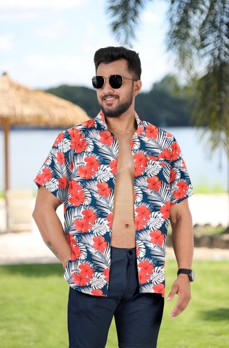 LA LEELA Mens Hawaiian Short Sleeve Button Down Shirts M Navy, Floral - Picture 3 of 3