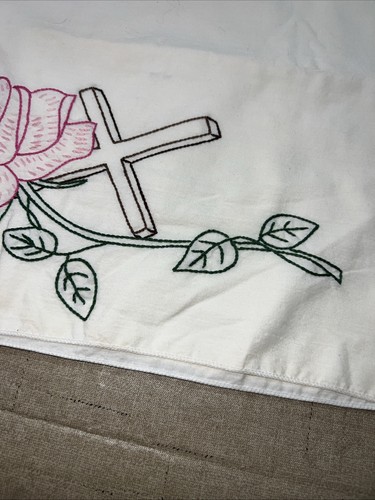 Vintage großer Kissenbezug Home Stickerei Kreuz Rose OOAK - Bild 4 von 8
