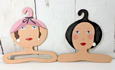 2 GORGEOUS VINTAGE MCM HAND MADE/ HAND PAINTED LADY WOODEN CLOTHES HANGER'S