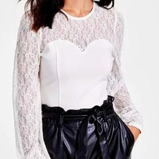 Bar III White Lace Bodysuit Long Sleeve Sweetheart Neckline Snap Bottom Size XS