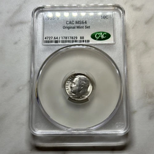 1955 S CAC MS64 Silver 90% Roosevelt Dime 10c
