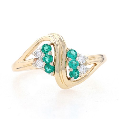 Yellow Gold Lab-Created Emerald & Diamond Cluster Bypass Ring - 14k Round .42ctw - Picture 1 of 9