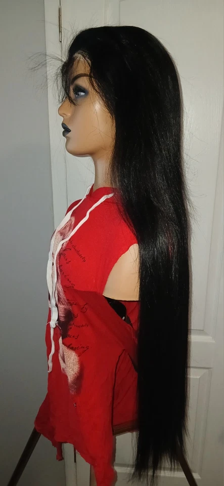 Peluca sintética recta negra 32 pulgadas sin pegamento 9×6 encaje frontal Foto 4 de 4