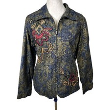 Chico  s Size 2 Blue Gold Embroidered Zip Front Jacket Metallic Boho Artsy India