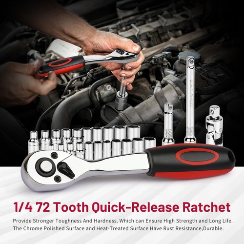 46pc 1/4" Drive Socket Set Metric & SAE Tools Bits Ratchet Wrench Extension Bars - Picture 4 of 7