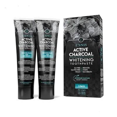 UNNIS Activated Charcoal Teeth Whitening Toothpaste 2-Pack Stain Removal Whitener Kit