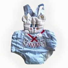 Vintage 0-3 M Rubber Jon Jon Overalls Baseball Bear Striped Baby Romper 90 s