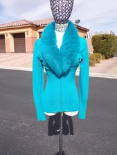 XS 0-2-4 real FOX FUR detachable collar on turquoise sweater unlined ,