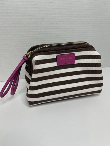 Borsa cosmetica trucco Henri Bendel New York marrone e bianca a righe con cerniera - Foto 2 di 6