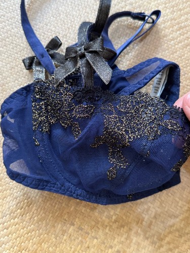 AUBADE PARIS Blue Gold Black Lace Bow Bra Unlined Underwire Balconette - 34B/75B - Picture 11 of 14