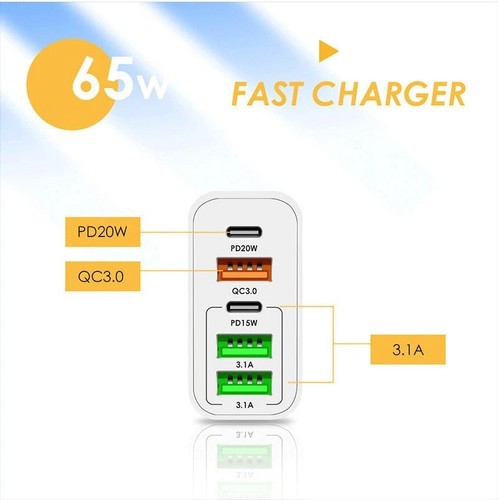 65W Quick Charger UK Plug Fast Wall Charger Power Adapter 5 Port USB-C PD Type C - Picture 2 of 4