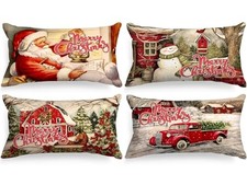 Vintage Merry Christmas Lumbar Throw Pillow Covers 12" x 20" Pack of 4 Red