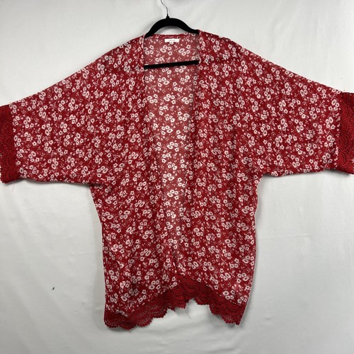 Maurices Kimono Gr. XL rot Blumen Spitzenbesatz Staubtuch Fee Cottagecore Topper