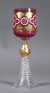 Vintage-Moser-Bohemian-Wine-Hock-Glass-Cranberry-or-Pink-with-Gold-Paint
