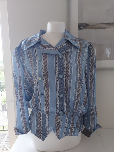 New Vintage Hardob Blue Blouse Top Size 16 West Germany Shoulder Pads Pussy Bow  - Picture 10 of 12
