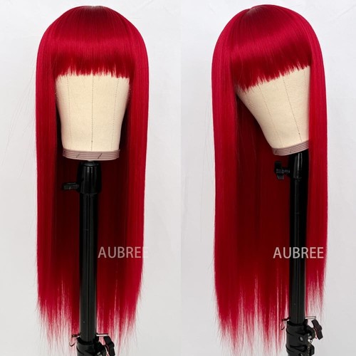Peluca para mujer flequillo completo larga recta roja pelucas sintéticas fiesta diaria uso con disfraces - Imagen 3 de 4