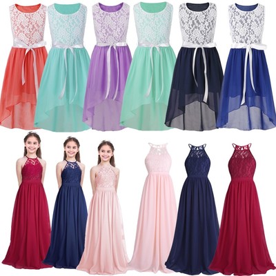 Girls Lace Long Dress Chiffon Pageant Wedding Bridesmaid Flower Kid Maxi Dresses