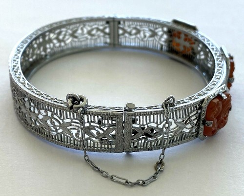 Antique Sterling Silver 925 3 Carved Carnelian Filigree Ladies Bracelet 7''  - Picture 10 of 12