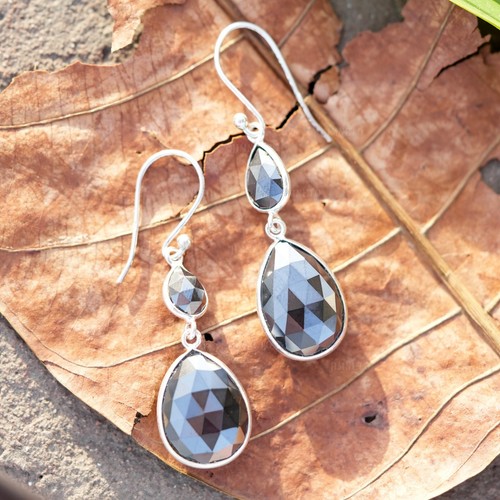 29.31 CT Pear Black Diamond Silver Dangle Earring, Lab Grown Moissanite Earring - Picture 3 of 12