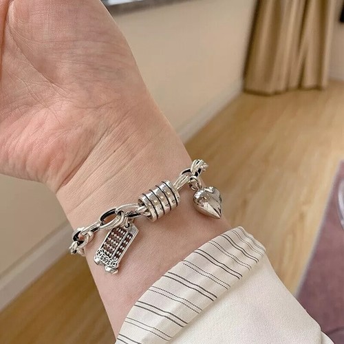 Bracciale vintage argento sterling 925 catena spessa ciondolo cuore tendenza braccialetto carino - Foto 15 di 24