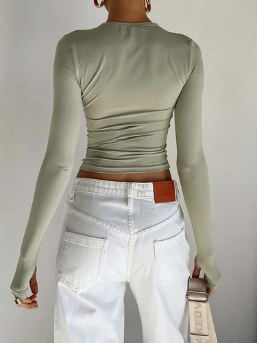 Fashion Women T-shirt Long Sleeve Crew Neck Solid Slim Fit Ladies Crop Top - Picture 3 of 27