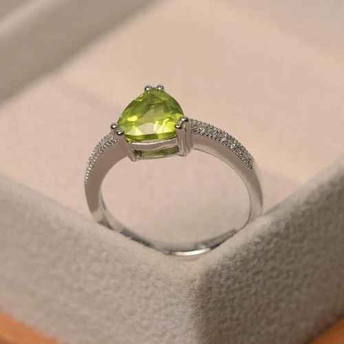 Anello da sposa 2,65 ct trilioni di diamanti peridoto naturale oro bianco massiccio 14 carati misura ALL - Foto 2 di 6