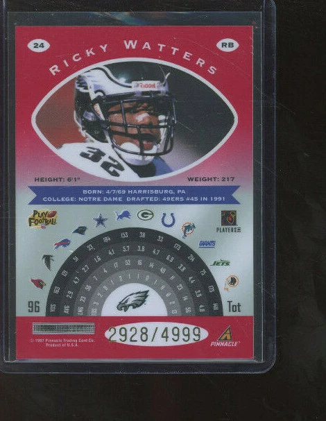 1997 Pinnacle Totally Certified Platinum Red Ricky Watters 2928/4999 Eagles #24 - Image 2 of 2